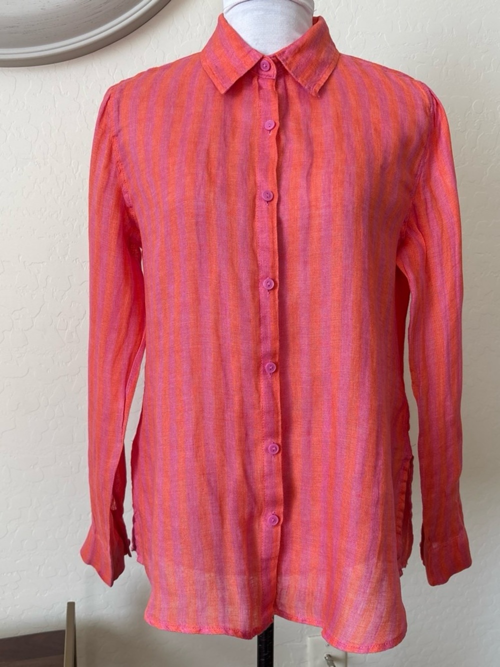 Nicole Miller Pink and Orange Striped Button-Up 109% linen Blouse.S